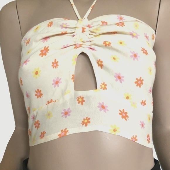 Elodie Yellow Shirred Smocked Floral Halter Top Blouse Tank Floral Rayon NWOT - Picture 3 of 13